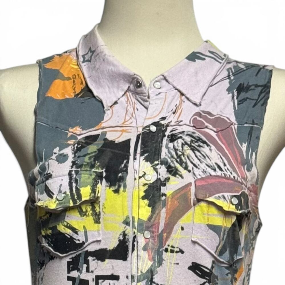 Anama Cotton Modal Sleeveless Pearl Snap Top Shirt Graffiti Lilac Large - Picture 2 of 5